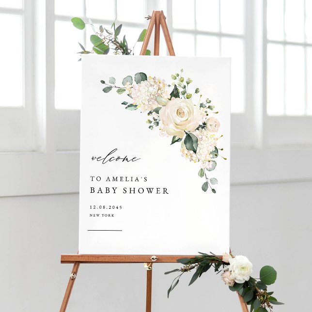 Affiche Aquarelle Rose blanche et Baby shower Hydrangea (Créateur téléchargé)