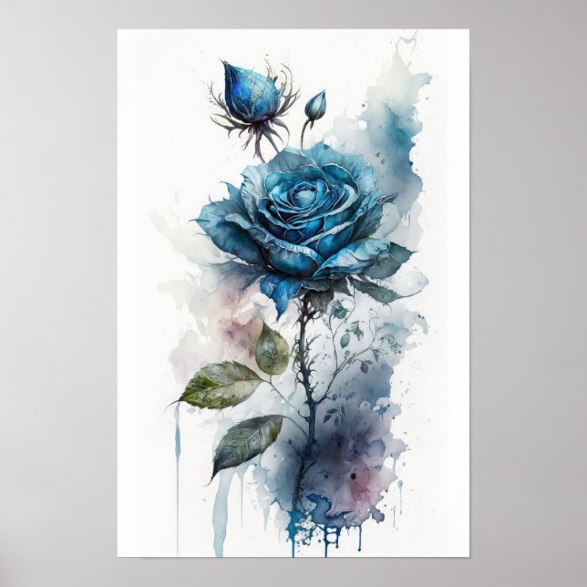 Affiche Aquarelle Rose Bleu Charme (Devant)