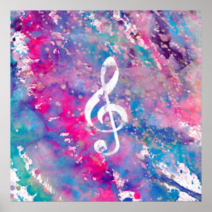 Affiche Aquarelle rose bleu Paint Music Note Acier Clef