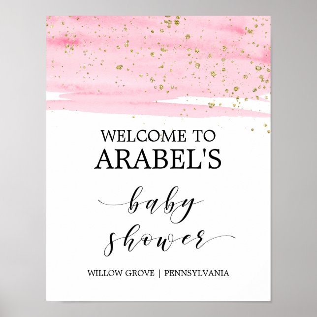 Affiche Aquarelle rose Blush & Gold Baby shower Bienvenue (Devant)