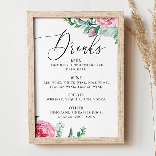Affiche Aquarelle rose boho floral mariage alcool boissons