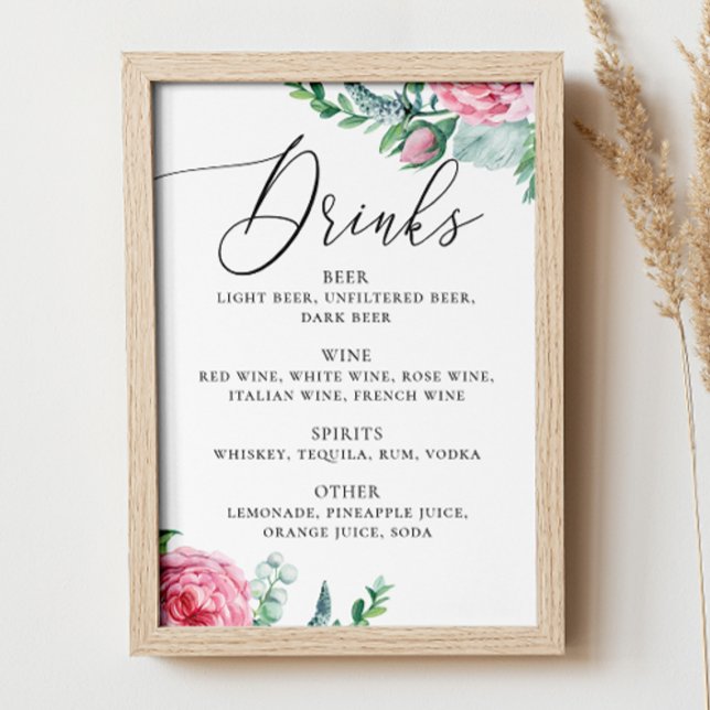 Affiche Aquarelle rose boho floral mariage alcool boissons (Créateur téléchargé)