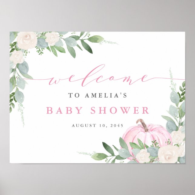 Affiche Aquarelle rose Citrouille vert Baby shower d'autom (Devant)
