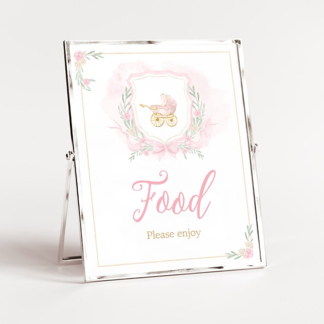 Affiche Aquarelle rose Crest Baby shower alimentaire (Pink Gold Carriage Crest Baby Shower Food Sign)