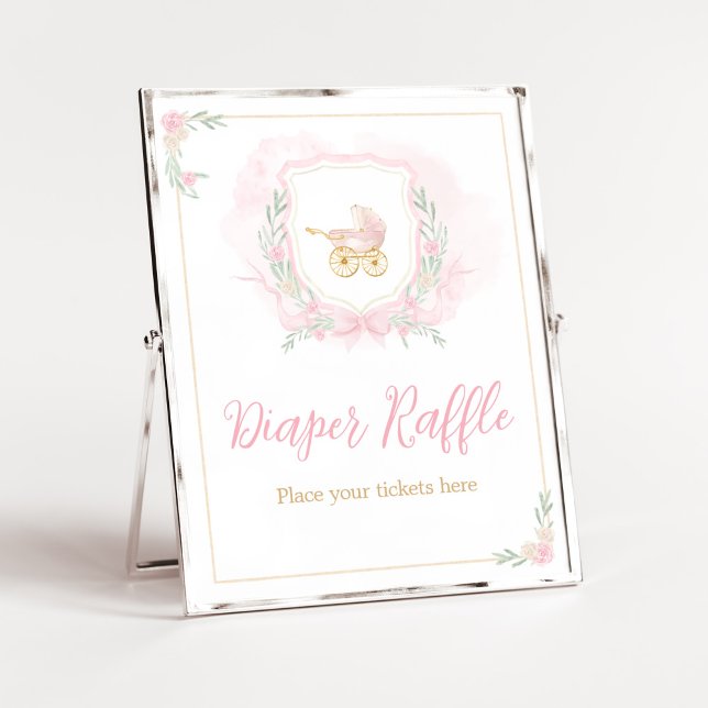 Affiche Aquarelle rose Crest Baby shower Déchets Raffin (Blue Floral Pampas Grass Elephant Baby Shower Diaper Raffle Sign)