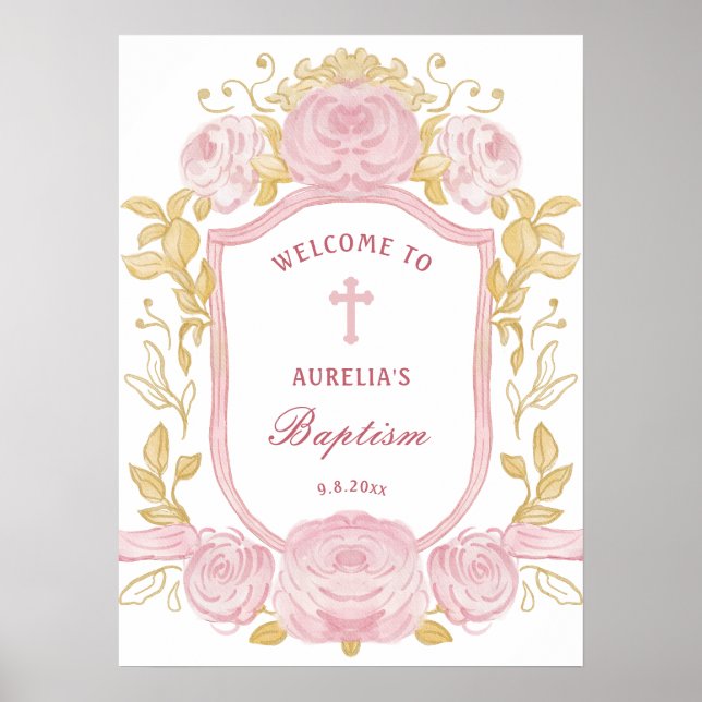 Affiche Aquarelle Rose Crest Baptême Bienvenue (Devant)
