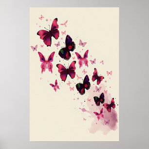Affiche Aquarelle rose et violet papillon Art