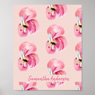 Affiche Aquarelle rose exotique Flamingo Motif et nom
