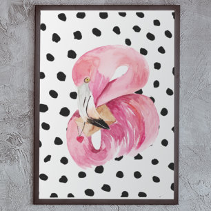 Affiche Aquarelle rose exotique moderne Flamant rose & poi
