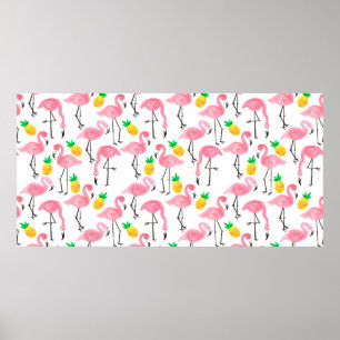 Affiche Aquarelle rose flamant rose et ananas jaune