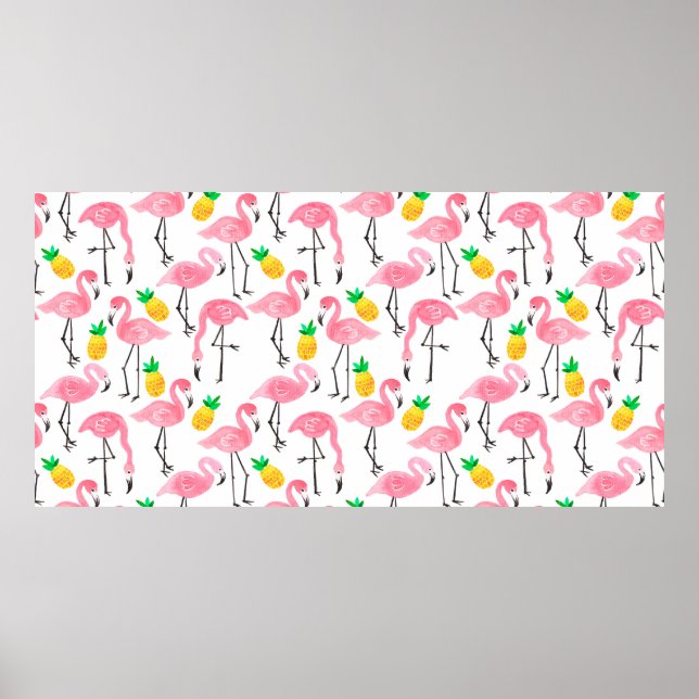 Affiche Aquarelle rose flamant rose et ananas jaune (Devant)