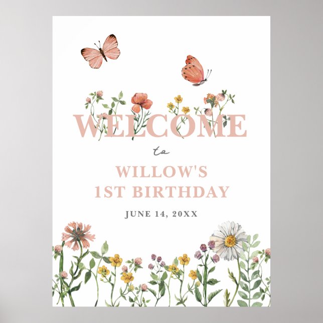 Affiche Aquarelle rose Fleur sauvage 1er anniversaire Bien (Devant)