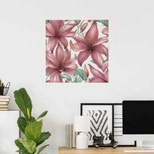 Affiche Aquarelle rose Fleurs Lys