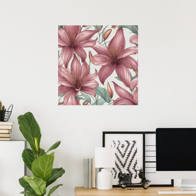 Affiche Aquarelle rose Fleurs Lys (Bureau à domicile)