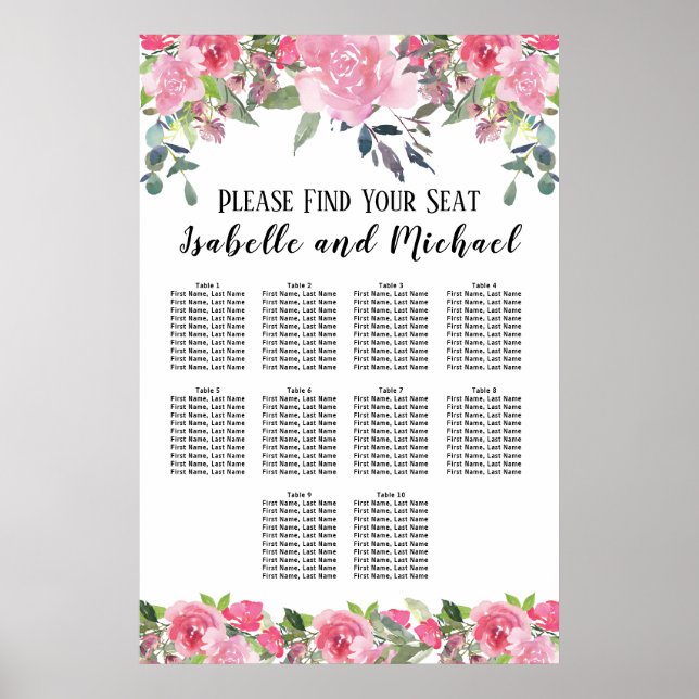 Affiche Aquarelle rose Floral 10 tables (Devant)