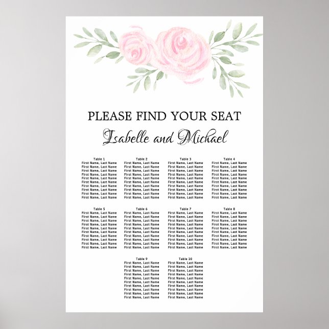 Affiche Aquarelle rose Floral 10 tables (Devant)
