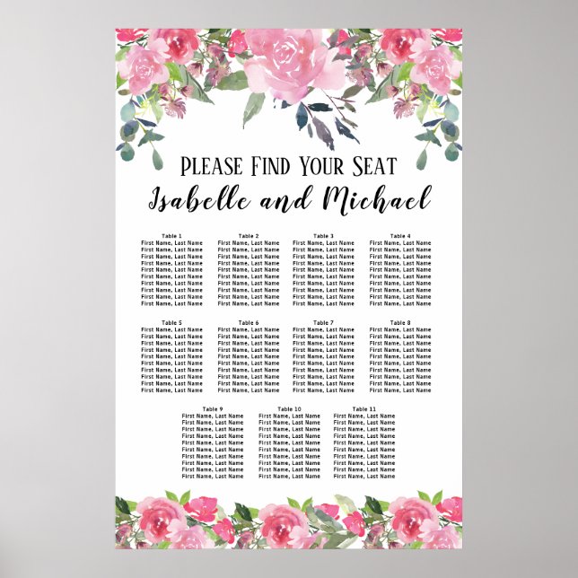 Affiche Aquarelle rose Floral 11 tables (Devant)
