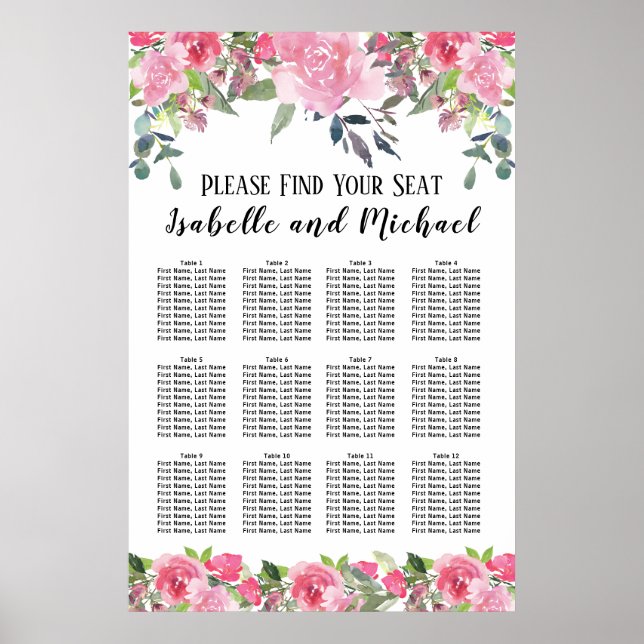 Affiche Aquarelle rose Floral 12 tables (Devant)