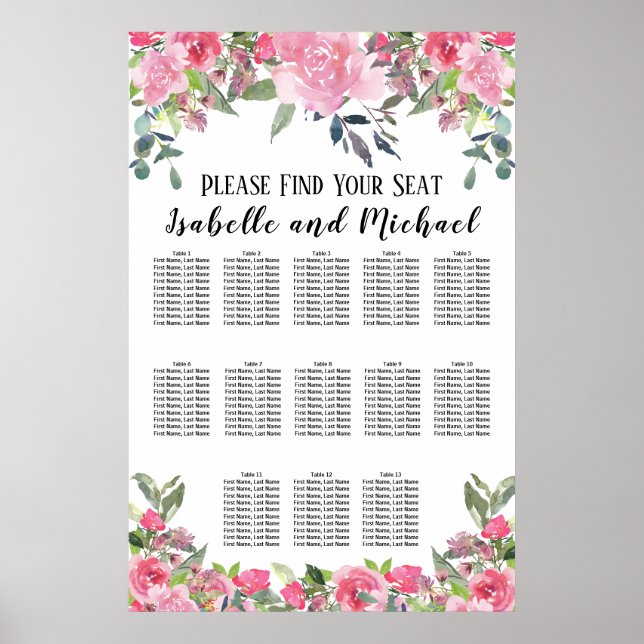 Affiche Aquarelle rose Floral 13 tables (Devant)