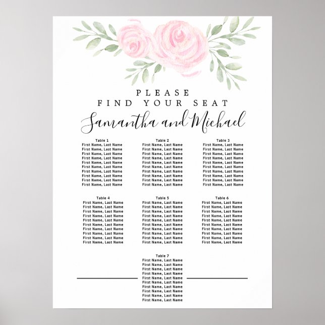 Affiche Aquarelle rose Floral 7 tables (Devant)