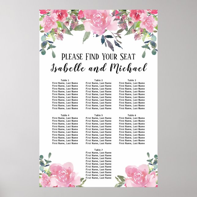 Affiche Aquarelle rose Floral 7 tables (Devant)