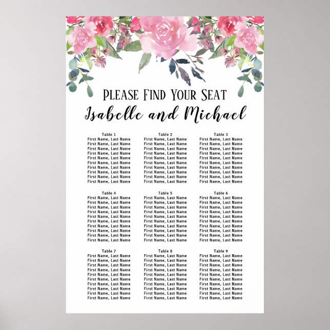 Affiche Aquarelle rose Floral 9 tables (Devant)