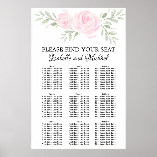 Affiche Aquarelle rose Floral 9 tables (Devant)