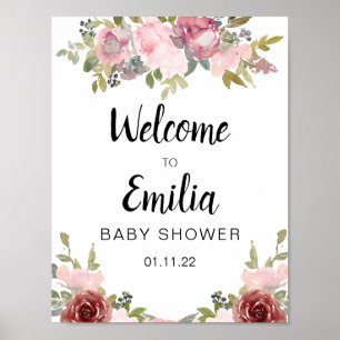 Affiche aquarelle rose floral baby shower élégant