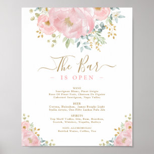 Affiche Aquarelle Rose Floral Mariage Bar Menu Boissons