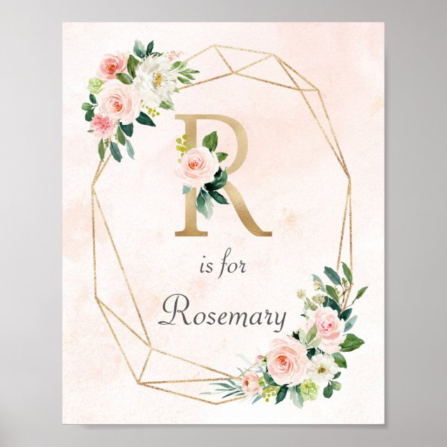 Affiche Aquarelle rose Floral Monogramme Nom du bébé Nourr (Devant)