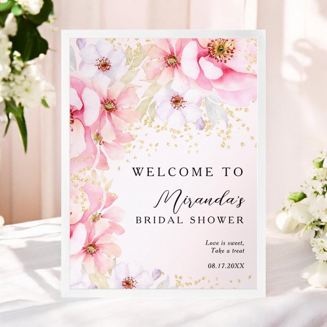 Affiche Aquarelle rose Floral Parties scintillant or Fête  (Pink Watercolor Floral Gold Glitter Bridal Shower Poster)