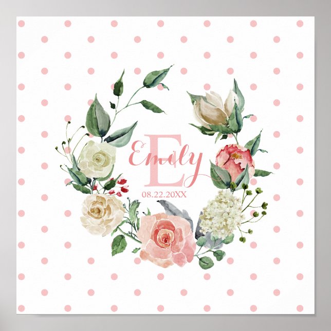 Affiche Aquarelle rose Floral Pois fille Nursery (Devant)