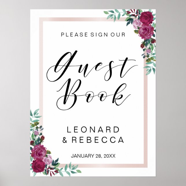 Affiche Aquarelle rose Guest Book signe calligraphie (Devant)