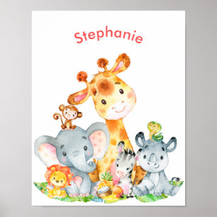 Affiche Aquarelle rose mignonne Safari Jungle Animaux