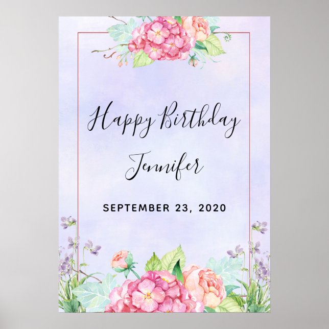 Affiche Aquarelle rose moderne Cadre Floral Anniversaire (Devant)