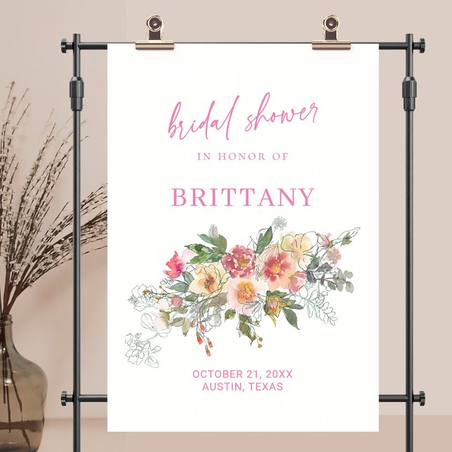 Affiche Aquarelle rose pâle Fête des mariées florale Bienv (Blush Pink Watercolor Floral Bridal Shower Welcome Poster)