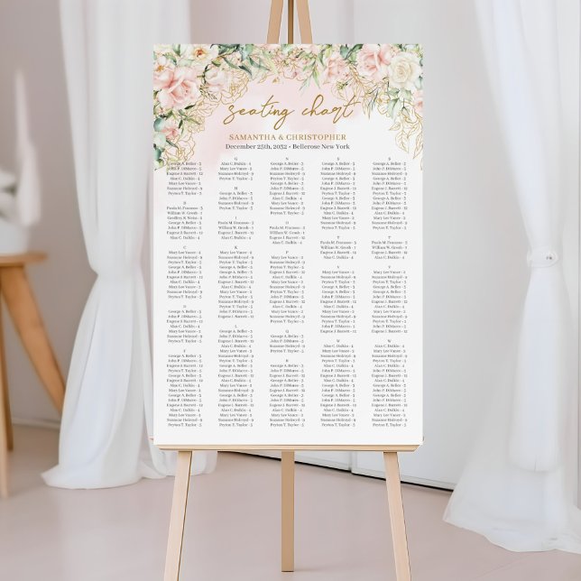 Affiche Aquarelle rose pâle roses eucalyptus Alphabétique (Elegant Boho blush floral gold frame wedding seating chart)