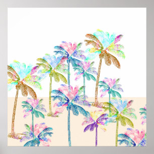 Affiche Aquarelle rose Palmiers hawaïens tropicaux