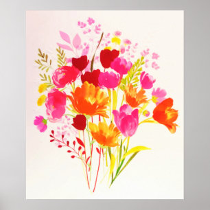 Affiche Aquarelle Rose Pêche Prairie Florale