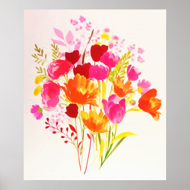 Affiche Aquarelle Rose Pêche Prairie Florale (Devant)