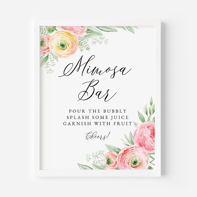 Affiche Aquarelle rose Ranunculus Fleurs Mimosa Bar (Créateur téléchargé)