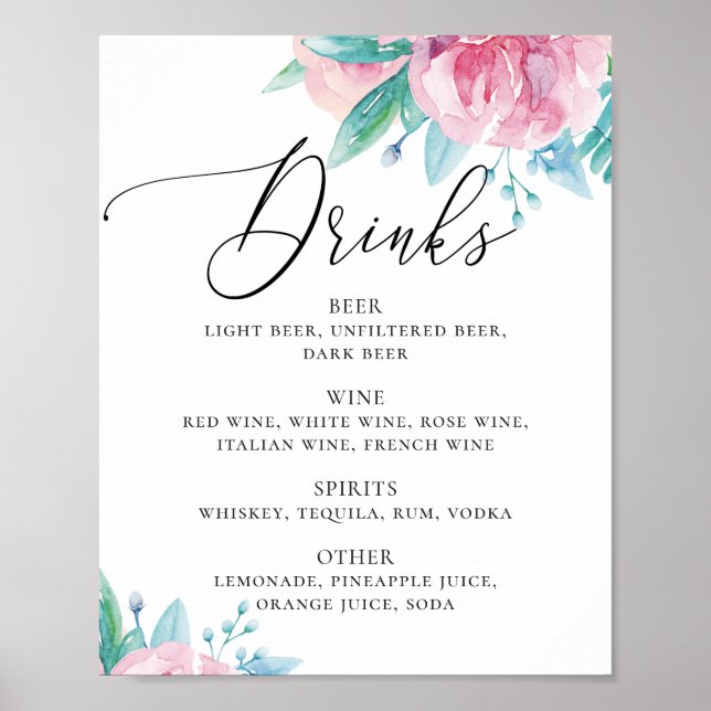 Affiche Aquarelle rose rose floral script mariage boissons (Devant)