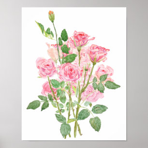 Affiche aquarelle rose rose peinte à la main