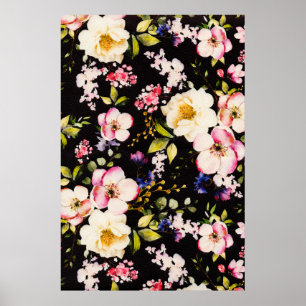 Affiche Aquarelle rose Roses Jaunes Arrière - plan noir