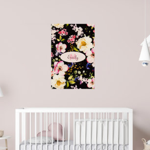 Affiche Aquarelle rose Roses jaunes sur noir, Monogramme