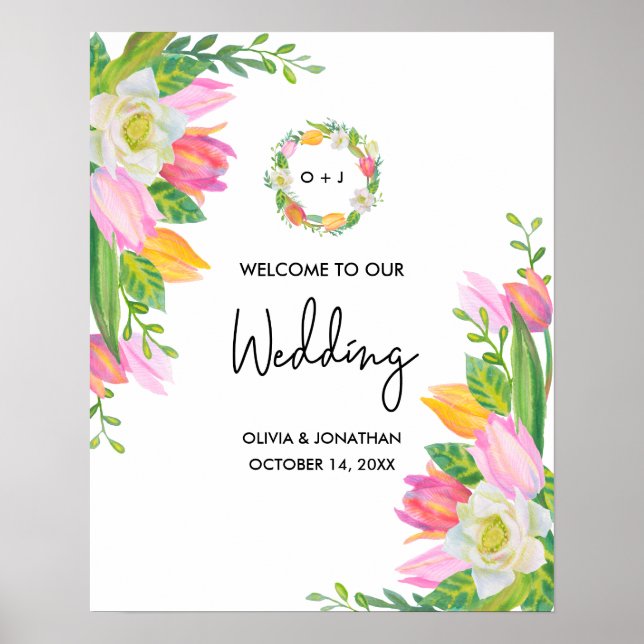 Affiche Aquarelle rose Tulip Monogramme Mariage Bienvenue (Devant)