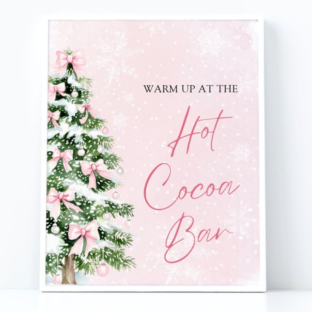 Affiche Aquarelle rose Vaches Noël Arbre Hot Cocoa Bar (Watercolor Pink Bows Christmas Tree Hot Cocoa Bar Sign)