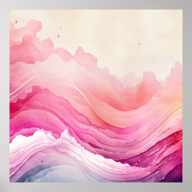Affiche Aquarelle rose Vagues océaniques (Devant)