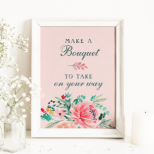 Affiche Aquarelle rose vert Bouquet floral Favoriser Signa