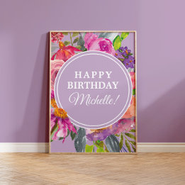 Affiche Aquarelle rose violet Fleurs sauvages Joyeux anniv